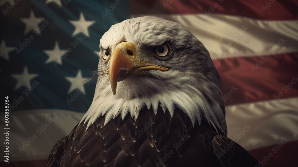Fototapeta premium American Eagle Close Up with USA Flag in the Background - Patriotic Theme for Veterans Day, Memorial Day, Fourth of July - Generative AI