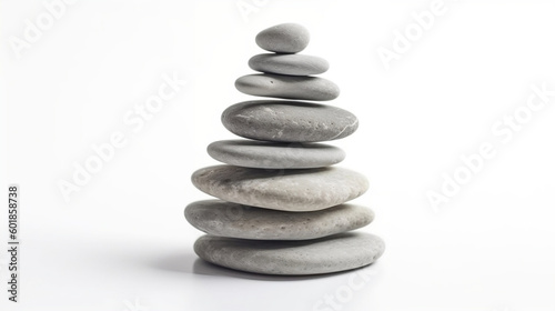 Pyramid of sea pebbles.Life balance and harmony concept. Isolated on white background. Front view. Generative AI