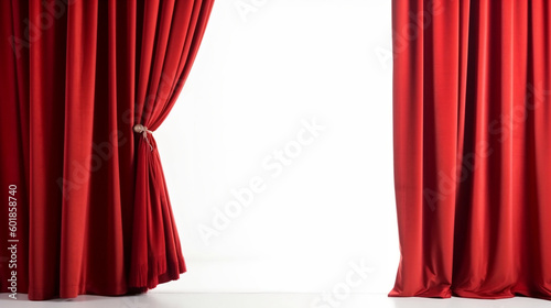 Opening red front curtains Isolated on white background, closeup. Front view. Generative AI