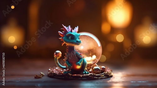 Little cute dragon toy and glass ball surrounded by Christmas lights. Christmas and new year holliday card. Generative ai