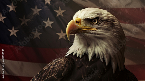 American Eagle Close Up with USA Flag in the Background - Patriotic Theme for Veterans Day, Memorial Day, Fourth of July - Generative AI