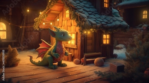 Little cute Dragon near his christmas decorated house surrounded by Christmas lights. Christmas and new year holliday card. Generative ai