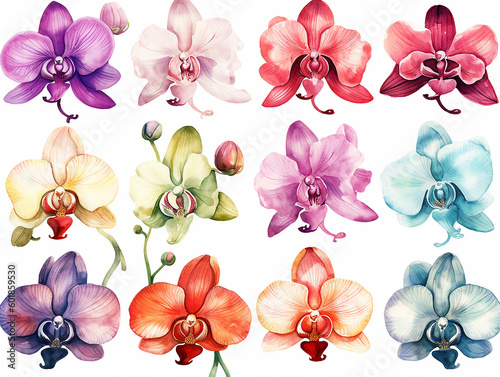 illustrazione di set di orchidee multicolore in stile acquerello su sfondo bianco scontornabile ideale per inviti e biglietti di auguri per matrimoni, creata con intelligenza artificiale photo