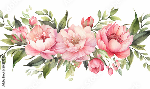 illustrazione di set di peonie e ghirlande di peonie rosa in stile acquerello su sfondo bianco scontornabile ideale per inviti e biglietti di auguri per matrimoni, creata con intelligenza artificiale photo