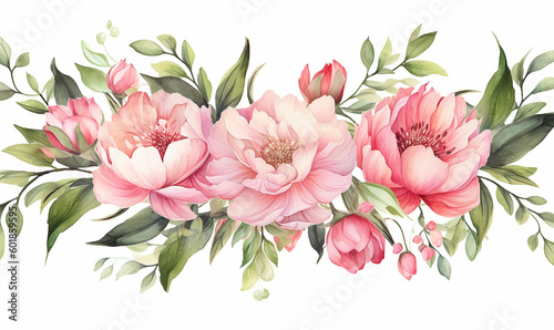 illustrazione di set di peonie e ghirlande di peonie rosa in stile acquerello su sfondo bianco scontornabile ideale per inviti e biglietti di auguri per matrimoni, creata con intelligenza artificiale