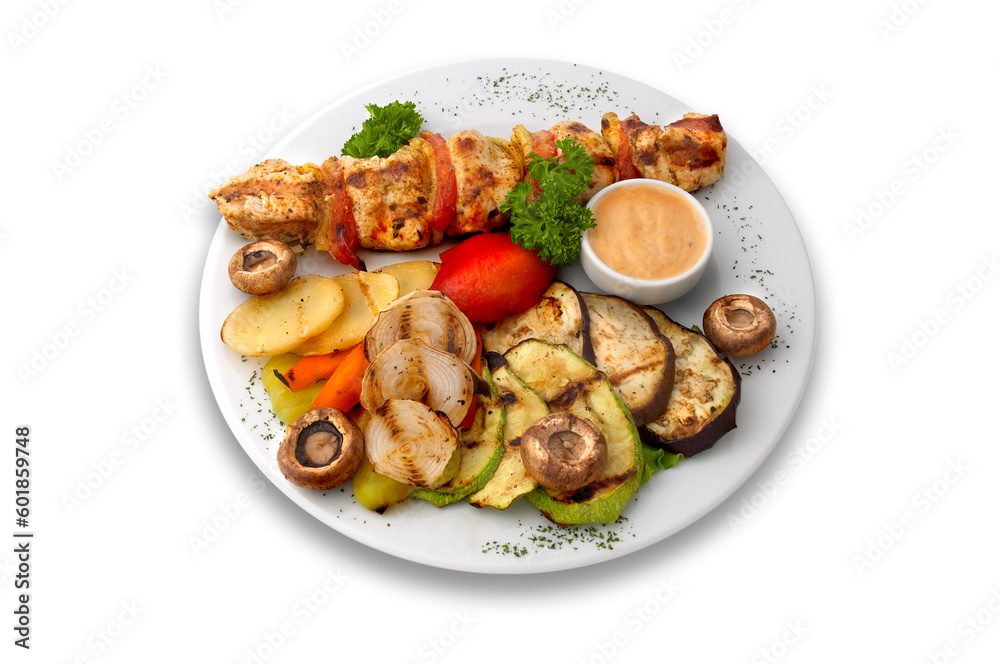 chicken kebab with grilled mushrooms and vegetables chicken kebab with grilled mushrooms and vegetables