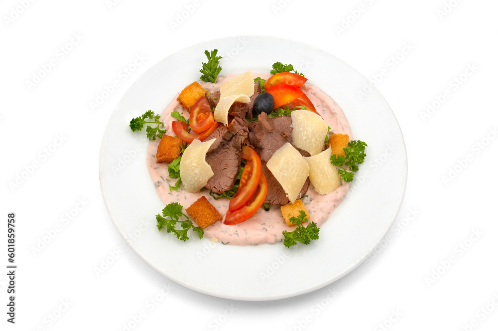 Veal salad with sliced fresh tomato, parmesan chips and cracker pieces, dressed with rose sauce and parsley Veal salad with sliced fresh tomato, parmesan chips and cracker pieces, dressed with rose sauce and parsley