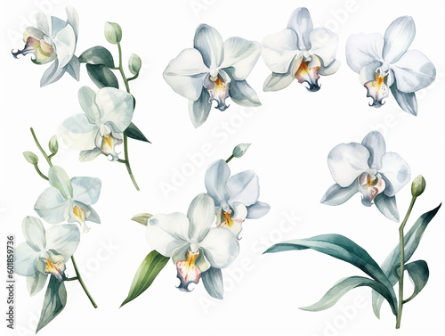 illustrazione di set di orchidee bianche  in stile acquerello su sfondo bianco scontornabile ideale per inviti e biglietti di auguri per matrimoni, creata con intelligenza artificiale