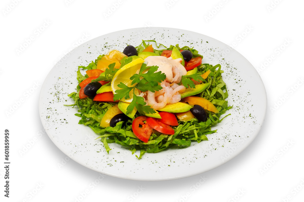 shrimp and fresh vegeables salad with avocado and rose sauce shrimp and fresh vegeables salad with avocado and rose sauce