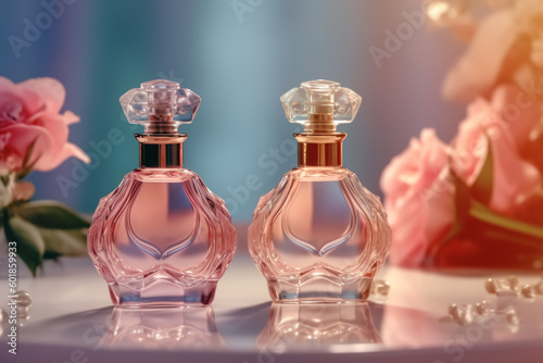 Fresh spring romantic image, stylish transparent glass perfume bottles. Stylish parfumerie banner, Generative AI