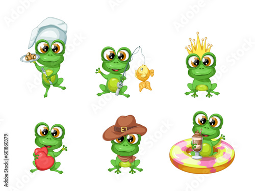 Collection of cute and funny frogs for postcards on different topics