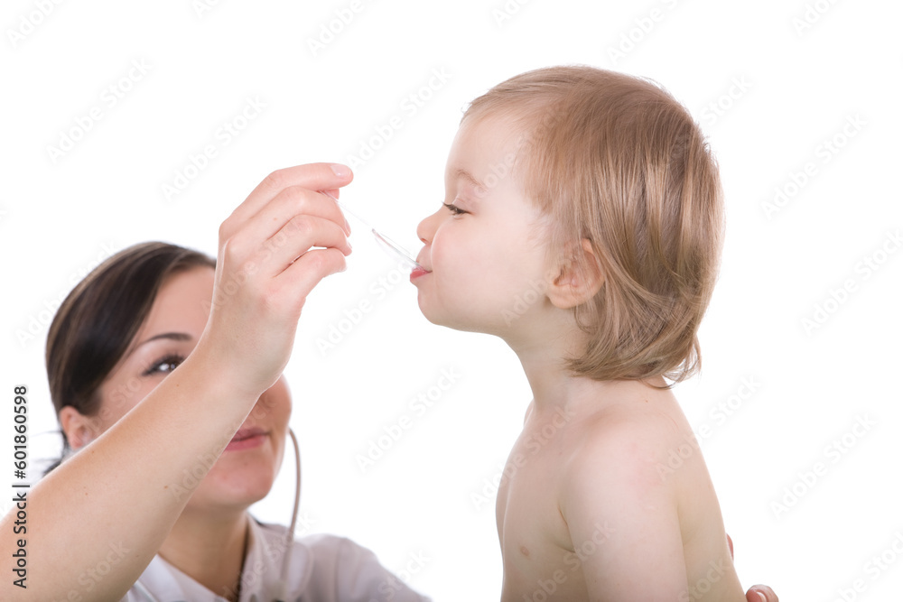 Young pediatrician with baby girl, over white background