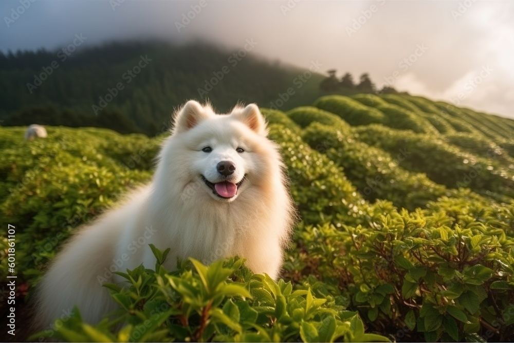 samoyed dog in the in tea plantation samoyed dog in the in tea plantation
