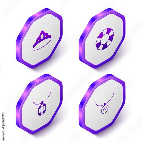 Set Isometric King crown, Diamond, Pendant necklace and Locket icon. Purple hexagon button. Vector