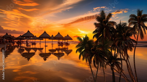  Sunset on  tropical beach trees plant on sunset beach straw umbrellas tent on front sea water ,generated ai photo