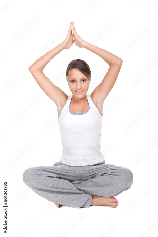 happy woman doing yoga. over white background happy woman doing yoga. over white background