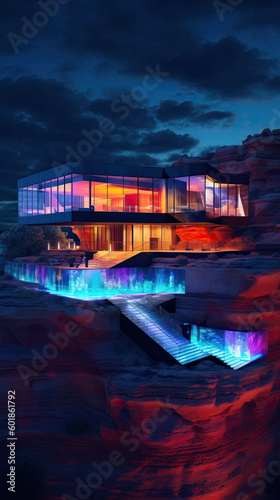 Multicolored lights in architecture. Ai generated. © pozitivo