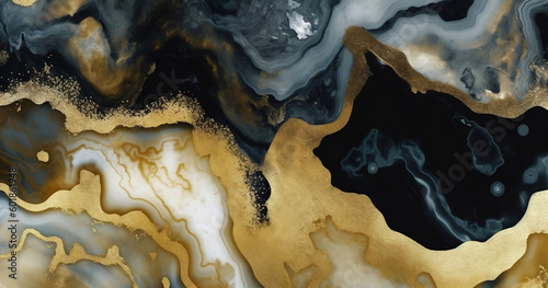 Golden and Black Resin Geode Wall Art on Marble Background, generative Ai