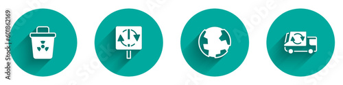 Set Infectious waste, Recycle symbol, Earth globe and Garbage truck icon with long shadow. Vector