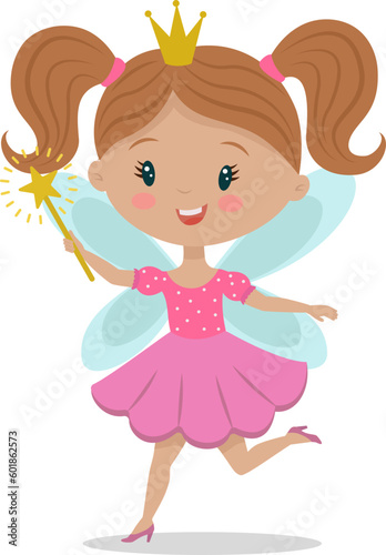 A cute little fairy with a crown and wings. Funny cartoon character tooth fairy in a pink dress and a magic wand. Stock vector illustration isolated on a white background