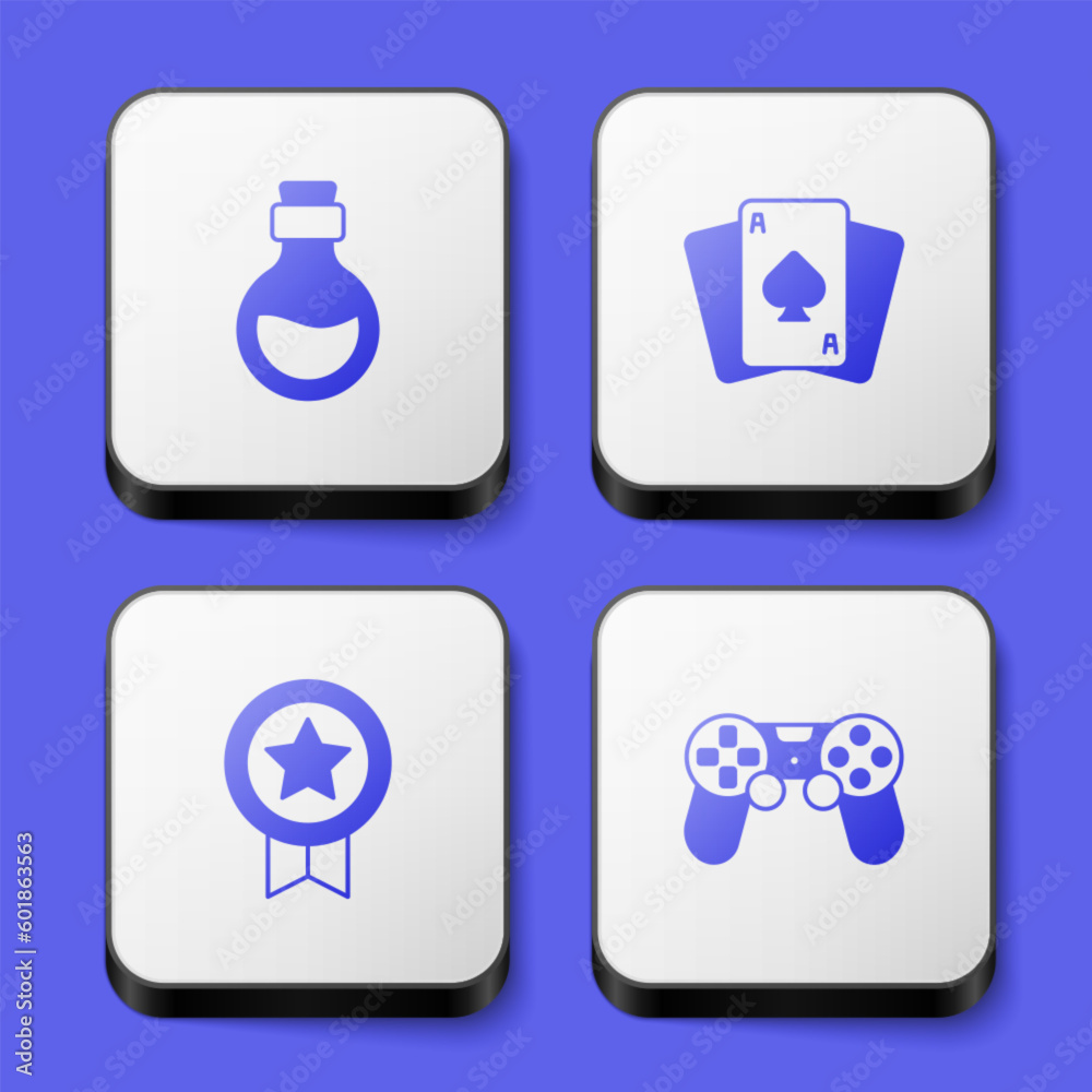 Set Bottle with magic elixir, Playing cards, Game rating medal and controller or joystick icon. White square button. Vector Set Bottle with magic elixir, Playing cards, Game rating medal and controller or joystick icon. White square button. Vector