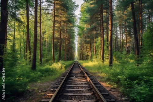 Serene summer landscape with forest trees lining railroad tracks, generative Ai
