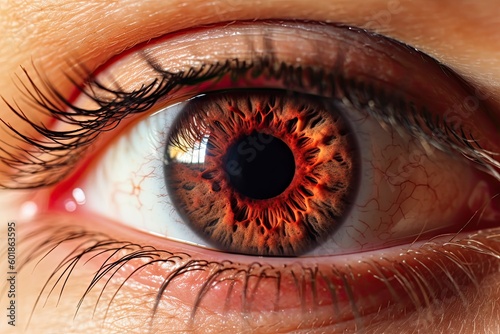 Close-up of a female eye with long eyelashes and a red iris (Generative AI, Generativ, KI) © Teppi