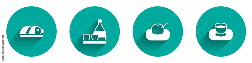 Set Fish with sliced pieces, Bottle of sake, Mochi and Soy sauce in bowl icon with long shadow. Vector