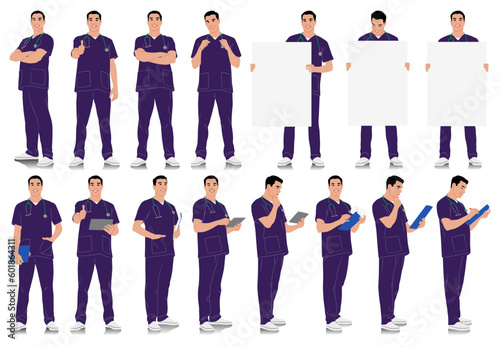Hand-drawn healthcare worker. Happy smiling doctor with a stethoscope. Male nurse in purple uniform poses. Vector flat style illustration set isolated on white