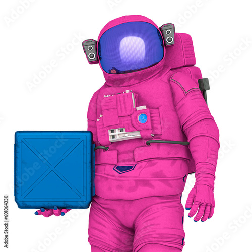 astronaut is holding a precious container box