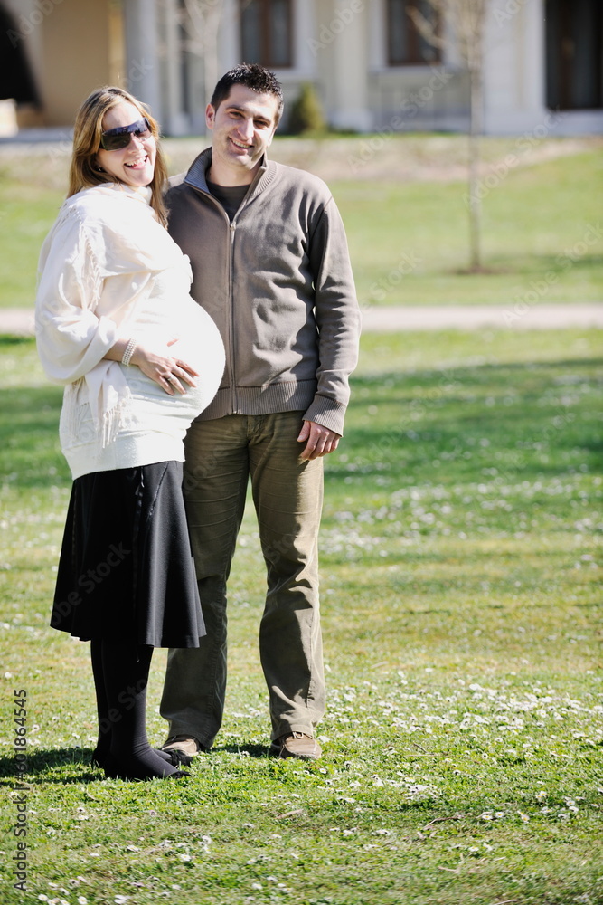 happy young married family couple outdoor in nature have fun and waiting baby and representing young family growth and pregnancy concept happy young married family couple outdoor in nature have fun and waiting baby and representing young family growth and pregnancy concept