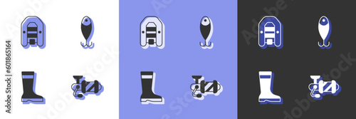 Set Spinning reel for fishing, Inflatable boat with motor, Fishing boots and lure icon. Vector
