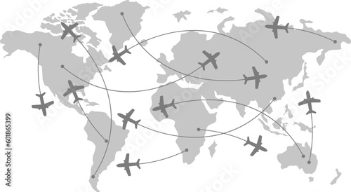 Flight of airplane on world map. Worldwide travel and transportation concept