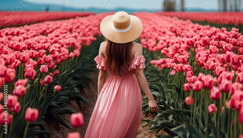 Young woman in pink dress and straw hat standing in blooming pink tulip field. Spring time. Generative ai © Dmytro Tykhokhod