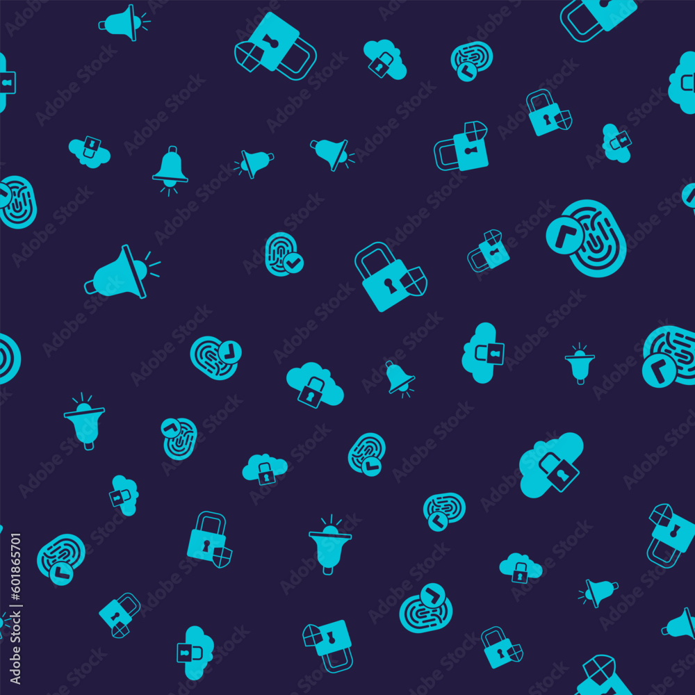 Set Ringing alarm bell, Fingerprint, Shield security with lock and Cloud computing on seamless pattern. Vector Set Ringing alarm bell, Fingerprint, Shield security with lock and Cloud computing on seamless pattern. Vector