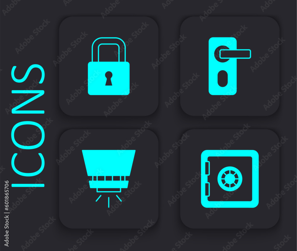 Set Safe, Lock, Fingerprint door lock and Fire sprinkler system icon. Black square button. Vector Set Safe, Lock, Fingerprint door lock and Fire sprinkler system icon. Black square button. Vector