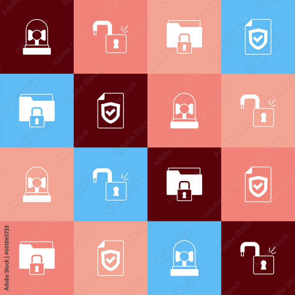 Set pop art Ringing alarm bell, Open padlock, Folder and and Contract with shield icon. Vector Set pop art Ringing alarm bell, Open padlock, Folder and and Contract with shield icon. Vector