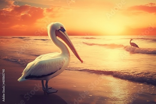 pelican enjoying the sunset on a sandy beach Generative AI