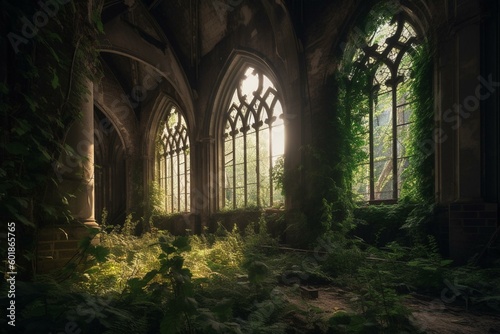 Overgrown arches on an abandoned church. Weeds and dust cover the vaults of beautiful windows. Generative AI