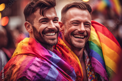 Happy gay couple with rainbow flag at a gay pride event. Generative ai