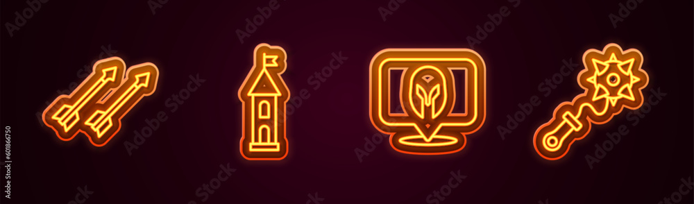 Set line Medieval arrows, Castle tower, helmet and Mace with spikes. Glowing neon icon. Vector Set line Medieval arrows, Castle tower, helmet and Mace with spikes. Glowing neon icon. Vector