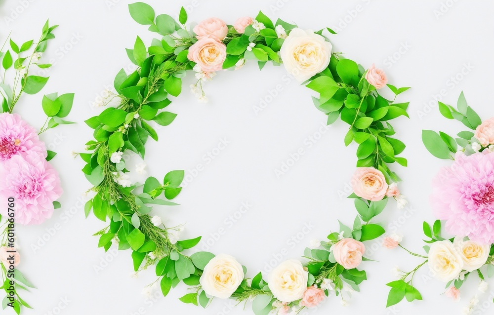 Different small flowers in a wreath on green background Abstract natural floral frame layout with text space. Romantic feminine flatlay. Wedding, International Women day, Mother Day (Generative AI) - obrazy, fototapety, plakaty 
