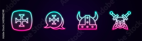 Set line Crusade, Viking in horned helmet and Skull with sword. Glowing neon icon. Vector