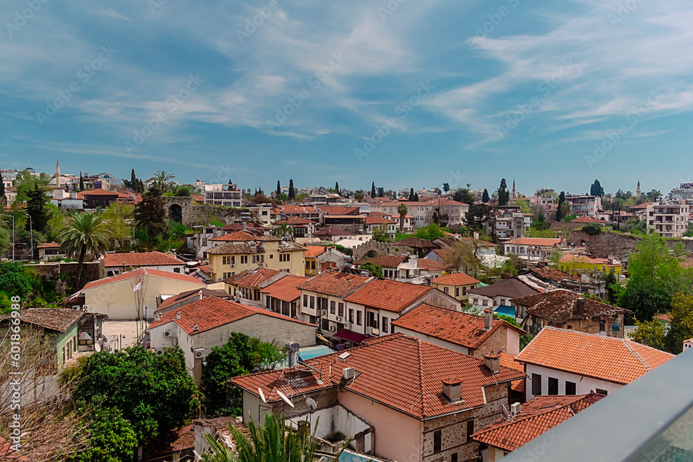 Aerial view of the buildings in the Kaleichi district in the Turkish city of Antalya. View of the roofs of houses in the Kaleici district.
