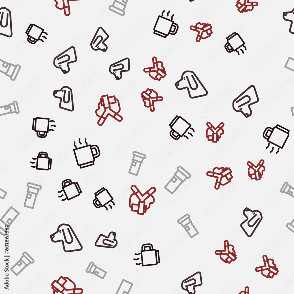Set line Coffee cup, Hunting dog, Cartridges and Slingshot on seamless pattern. Vector