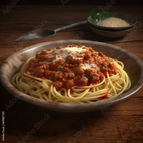 spaghetti with meatballs. Generative AI.