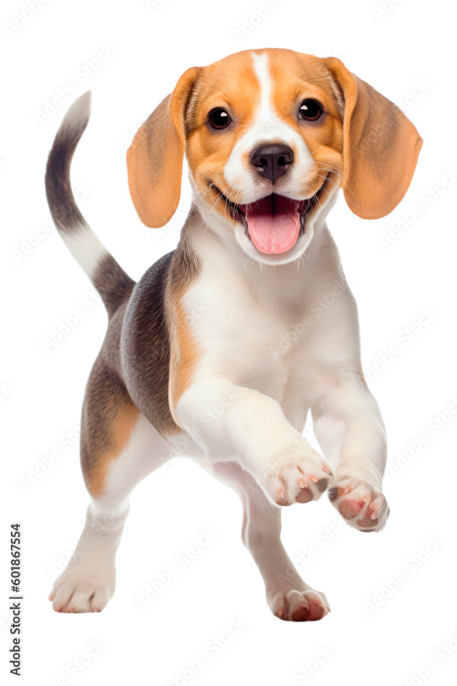 Running happy Beagle puppy on a transparent background. Generative AI