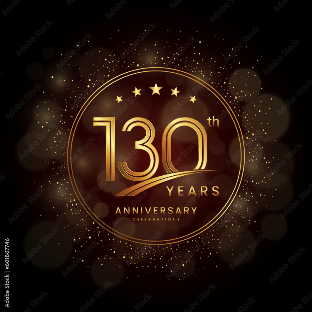 130th anniversary logo with gold double line style decorated with glitter and confetti Vector EPS 10
