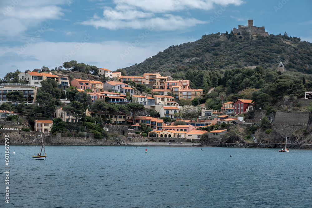 Landscape of the coastline in Collioure between mountains and sea