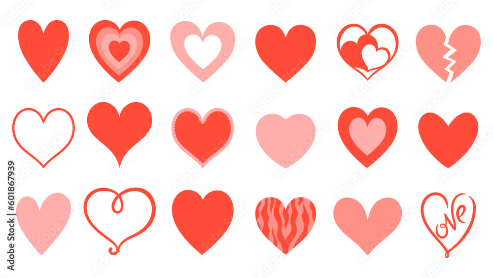 Set of hearts of different shapes isolated on white background. Vector graphics.